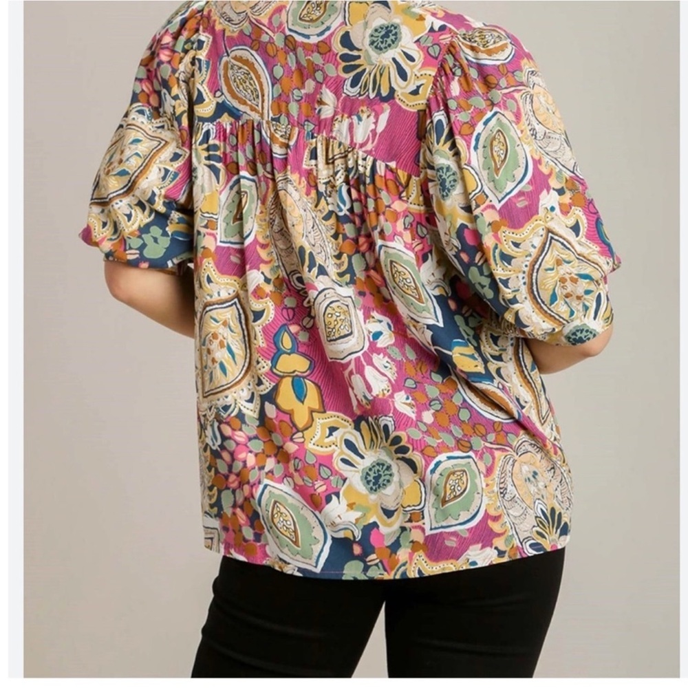 Umgee Alessia Mixed Print Puff Sleeve Blouse - Picture 4 of 8
